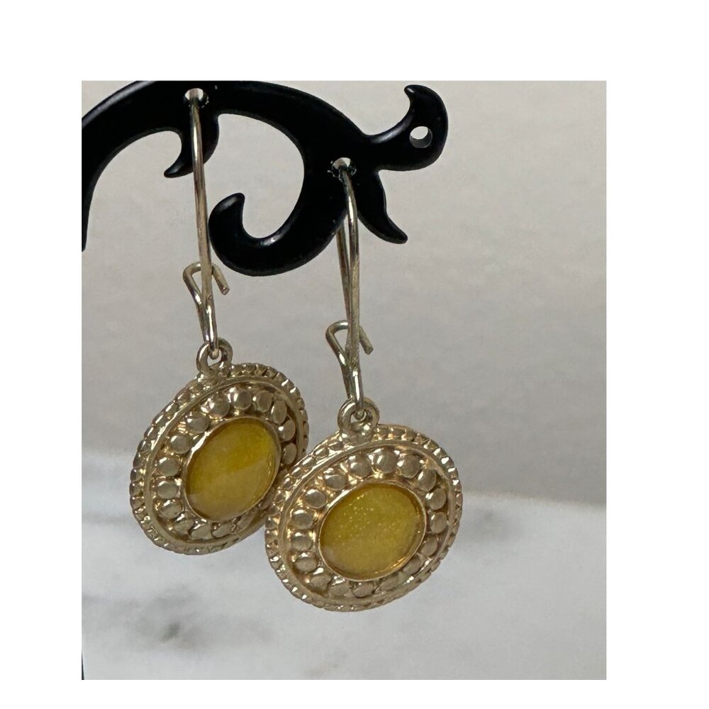 Vintage Gold Tone Drop Earrings with Honey Yellow Cabochons Oval Filigree Dangle - Picture 2 of 5